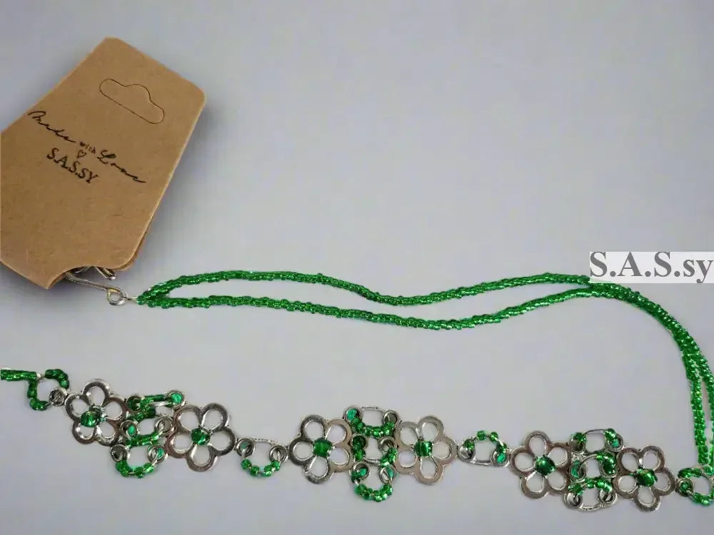 Green Seed Bead on Floral Accent Choker Necklace - Sassy by Sharmin Aziz