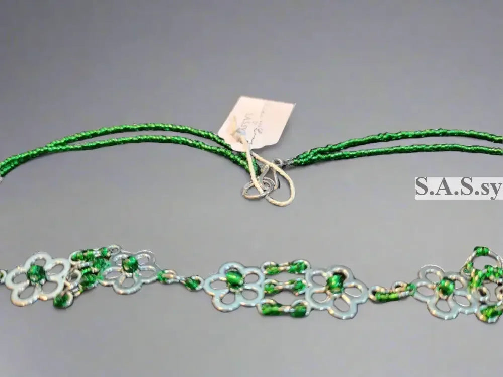 Green Seed Bead on Floral Accent Choker Necklace - Sassy by Sharmin Aziz