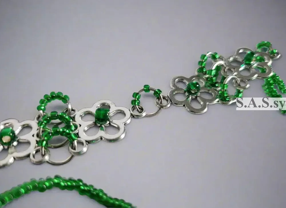 Green Seed Bead on Floral Accent Choker Necklace - Sassy by Sharmin Aziz