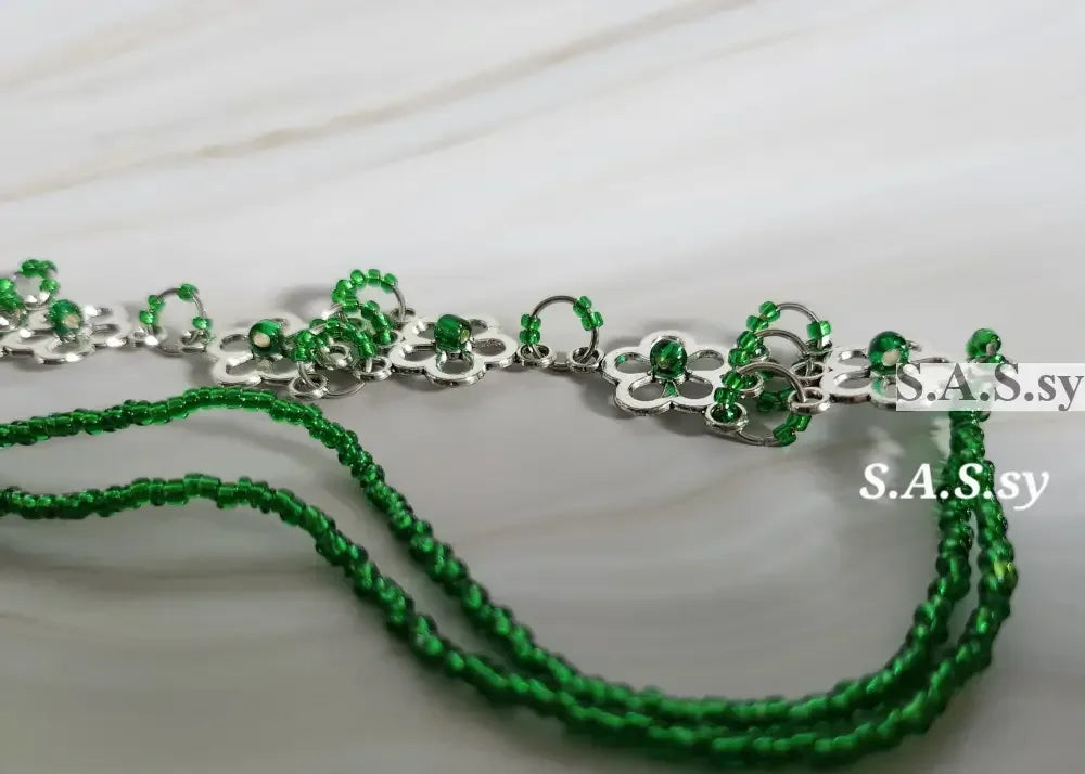 Green Seed Bead on Floral Accent Choker Necklace - Sassy by Sharmin Aziz