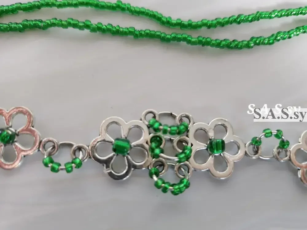 Green Seed Bead on Floral Accent Choker Necklace - Sassy by Sharmin Aziz