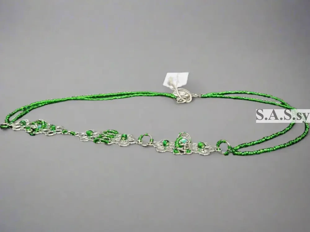Green Seed Bead on Floral Accent Choker Necklace - Sassy by Sharmin Aziz