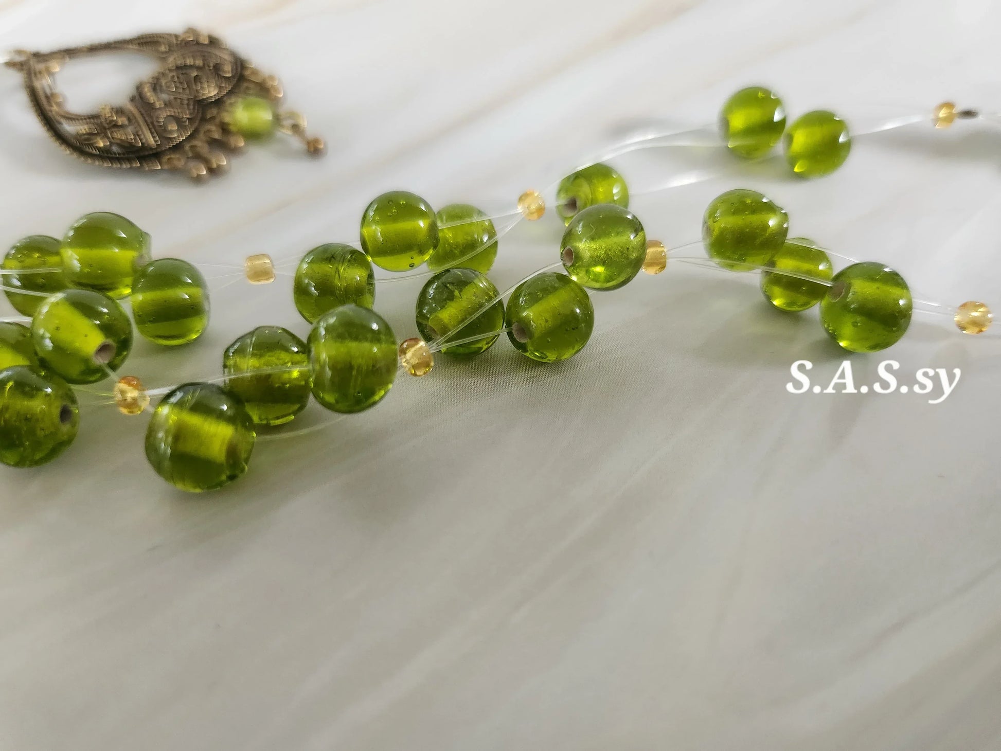 Olive Green  Glass Bead Floating Necklace - Sassy by Sharmin Aziz