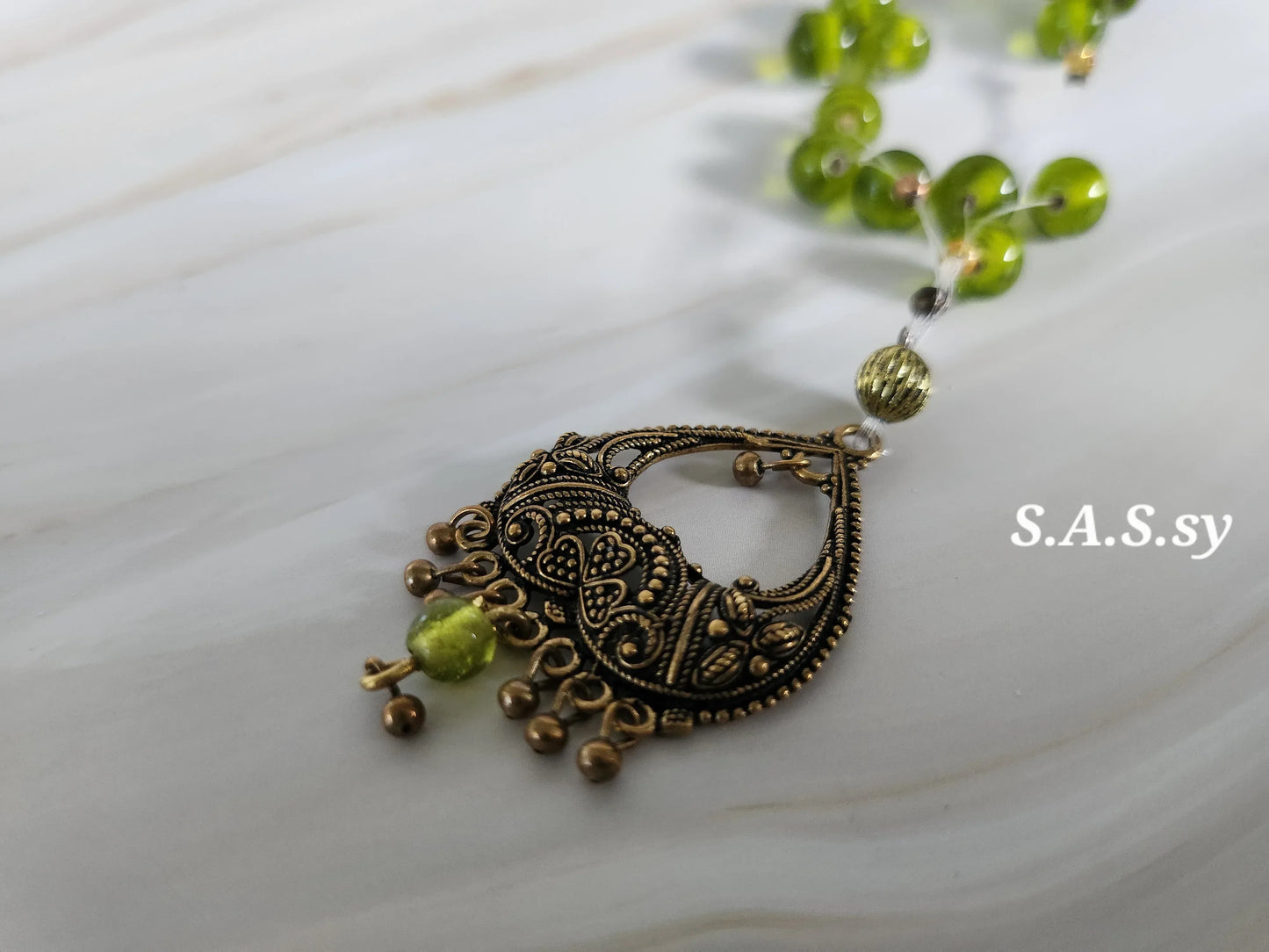 Olive Green  Glass Bead Floating Necklace - Sassy by Sharmin Aziz
