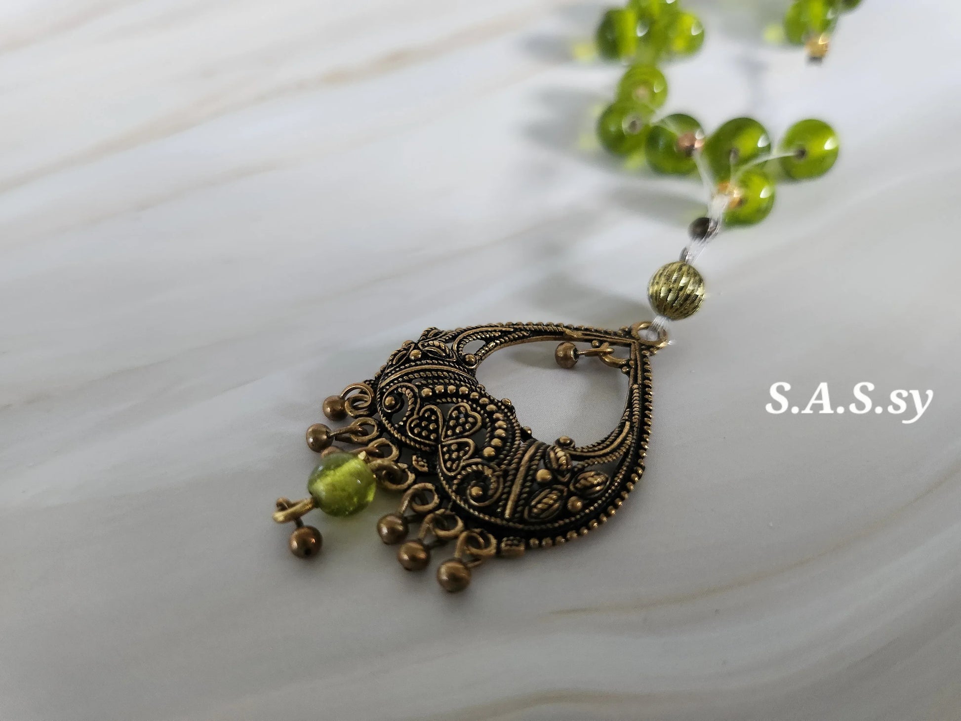 Olive Green  Glass Bead Floating Necklace - Sassy by Sharmin Aziz