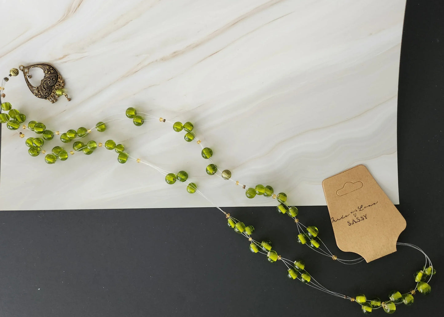 Olive Green  Glass Bead Floating Necklace - Sassy by Sharmin Aziz