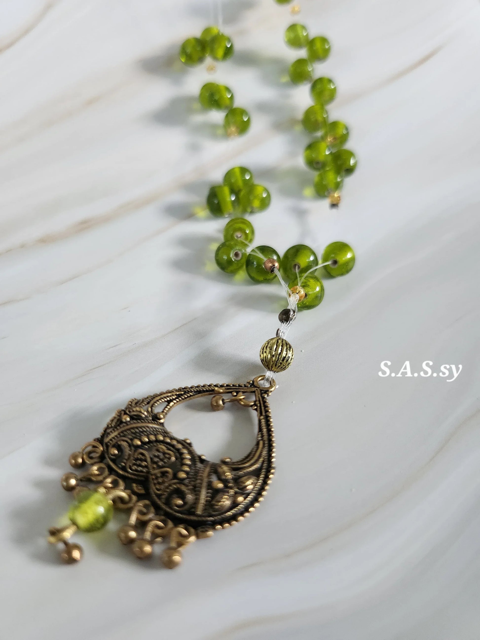 Olive Green  Glass Bead Floating Necklace - Sassy by Sharmin Aziz