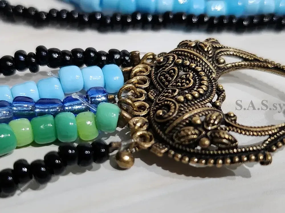 Close up antique look pendant Black, Blue and Green Multi Strand Necklace - Sassy by Sharmin Aziz