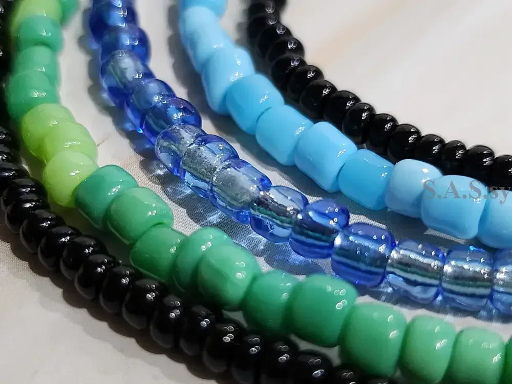 Black, Blue and Green Multi Strand seed bead Necklace - Sassy by Sharmin Aziz
