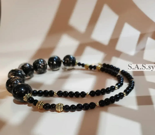 Black Onyx and Glass Beaded Lavalier Necklace - Sassy by Sharmin Aziz