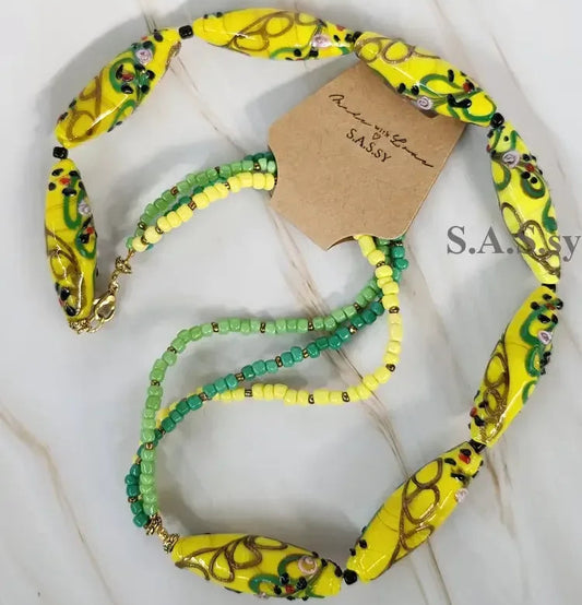 Yellow handmade glass bead necklace- Sassy by Sharmin Aziz