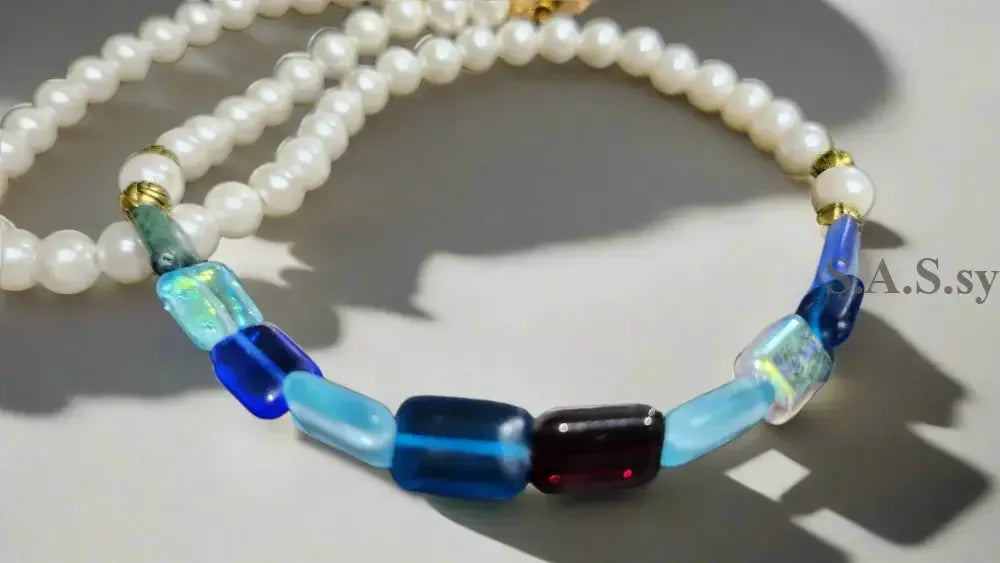 Glass pearl-and-multi coloured rectangle Czech glass bead-strand-necklace