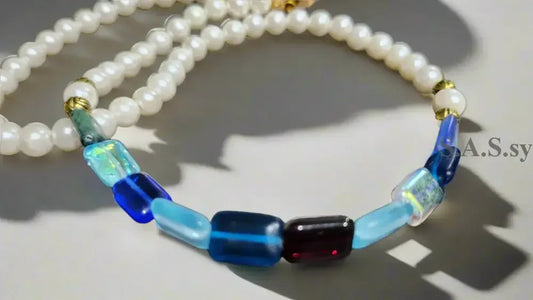Glass pearl-and-multi coloured rectangle Czech glass bead-strand-necklace
