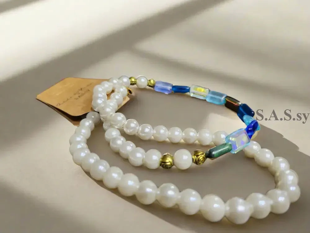 Glass pearl-and-multi coloured rectangle Czech glass bead-strand-necklace - Sassy by Sharmin Aziz