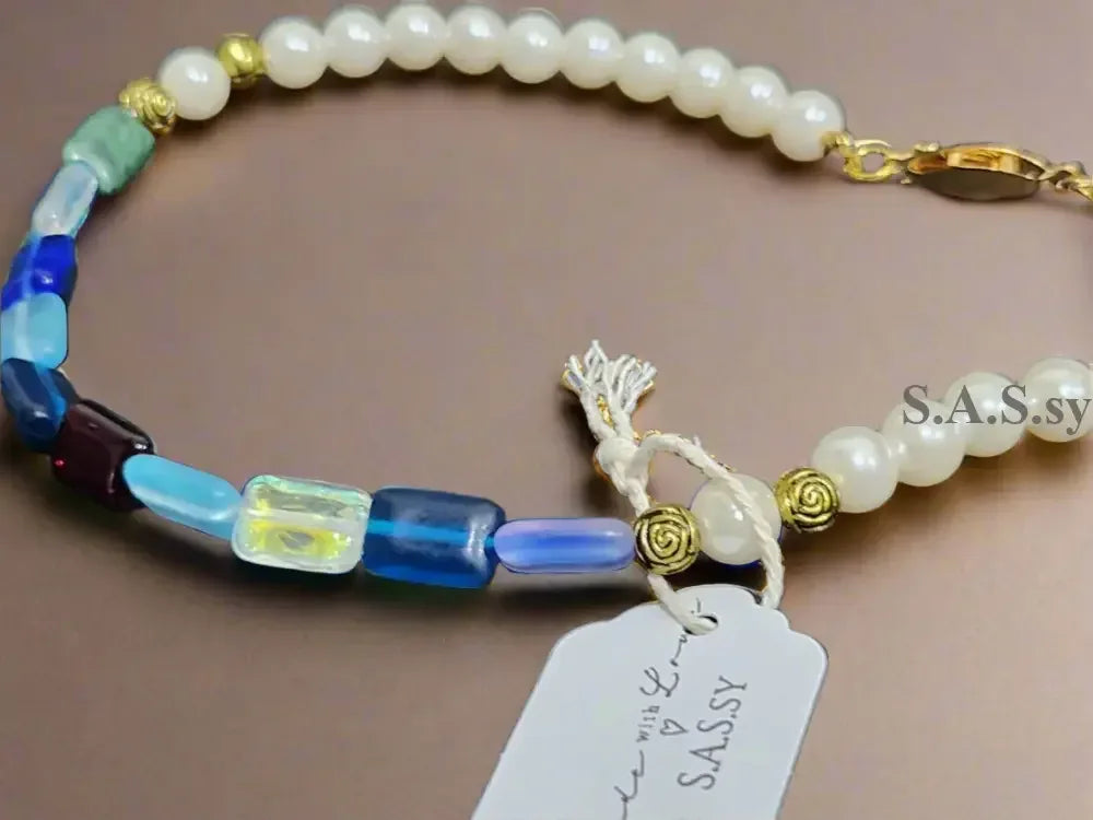 Glass pearl-and-multi coloured rectangle Czech glass bead-strand-necklace - Sassy by Sharmin Aziz