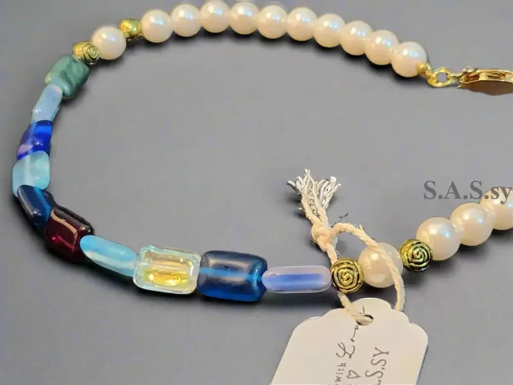 Glass pearl-and-multi coloured rectangle Czech glass bead-strand-necklace- Sassy by Sharmin Aziz