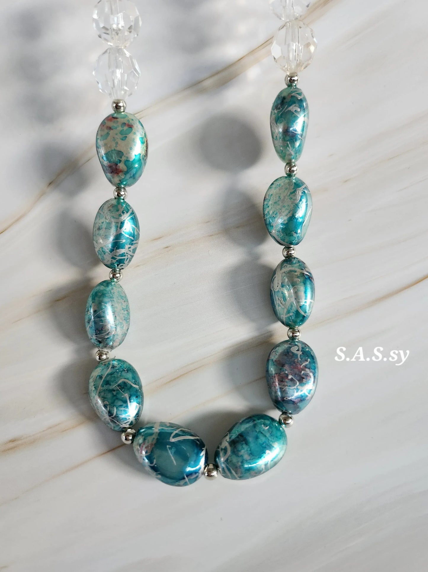 Turquoise foiled oval bead with clear glass seed beaded necklace - Sassy by Sharmin Aziz
