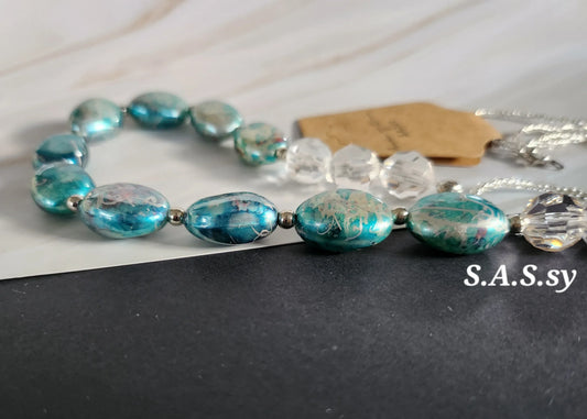 Turquoise foiled oval bead with clear glass seed beaded necklace - Sassy by Sharmin Aziz