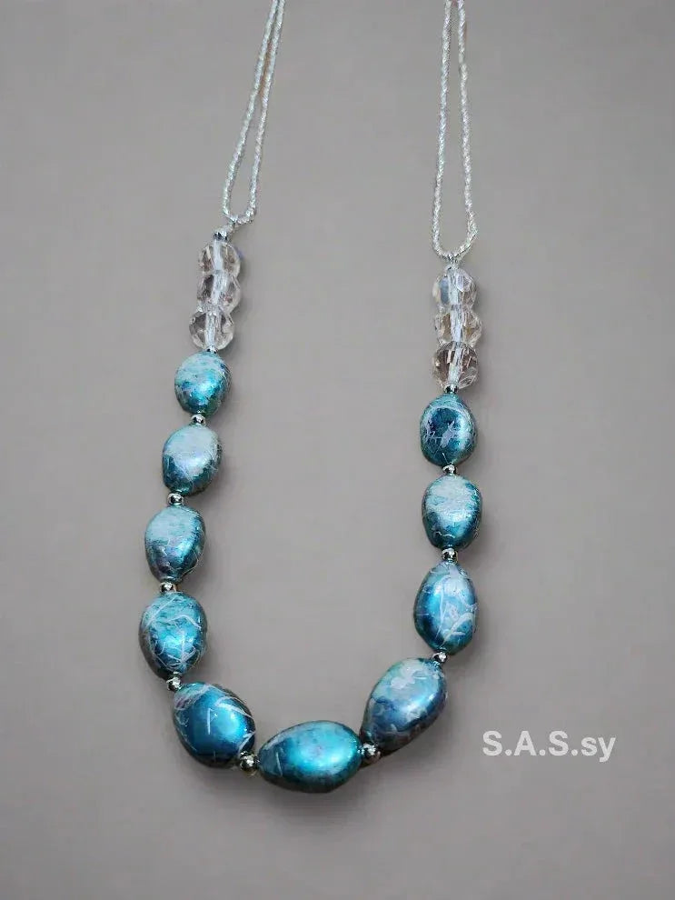Turquoise foiled oval bead with clear glass seed beaded necklace - Sassy by Sharmin Aziz