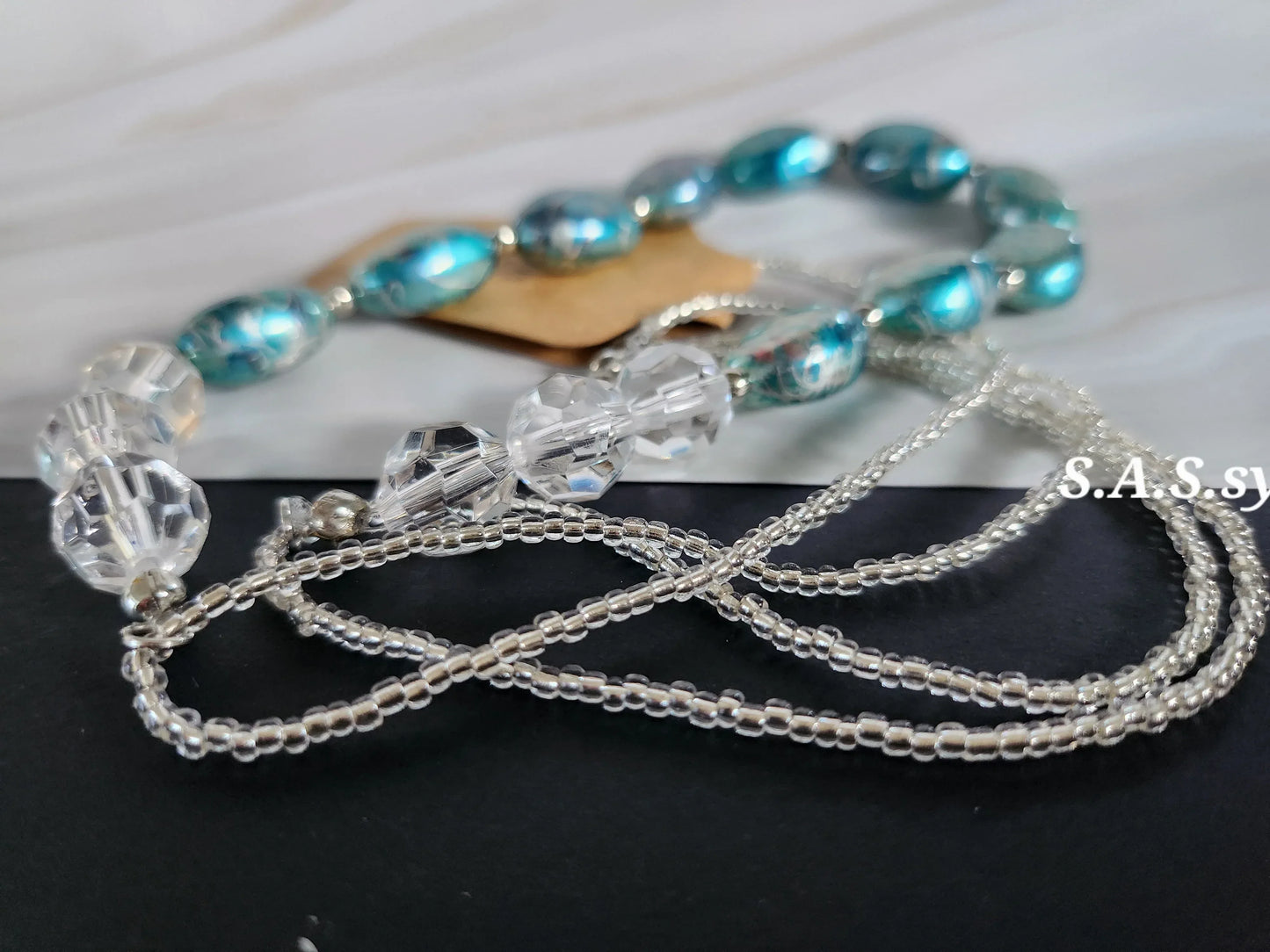 Turquoise foiled oval bead with clear glass seed beaded necklace - Sassy by Sharmin Aziz