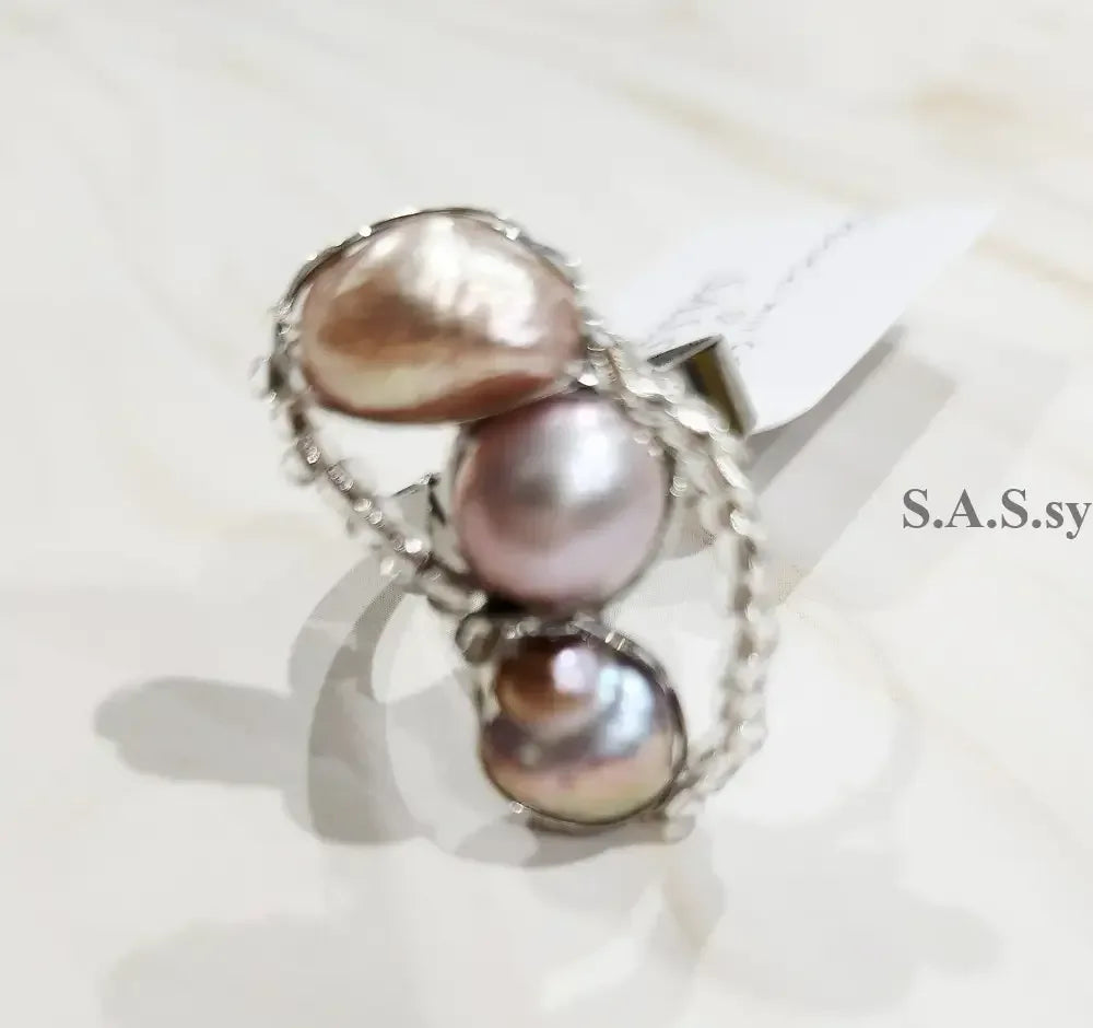 3 irregular shaped pearl with glass seed bead on a silver ring - Sassy by Sharmin Aziz