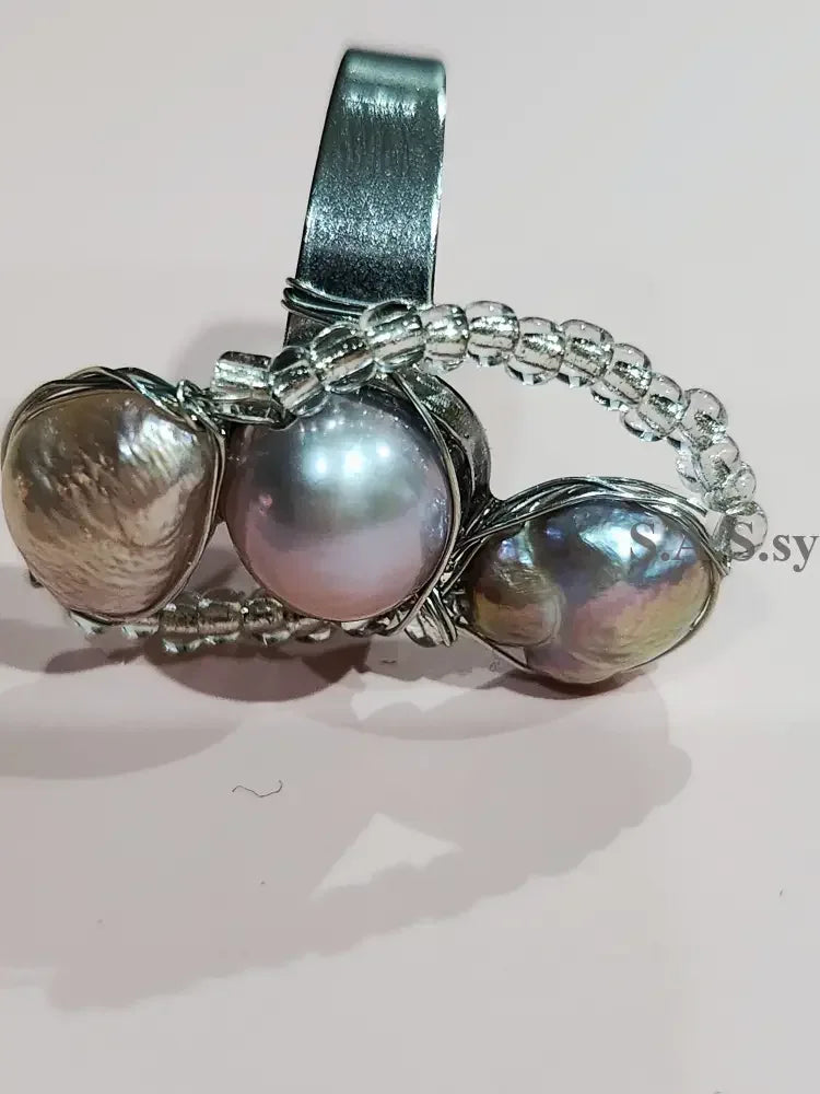 3 irregular shaped pearl with glass seed bead on a silver ring - Sassy by Sharmin Aziz