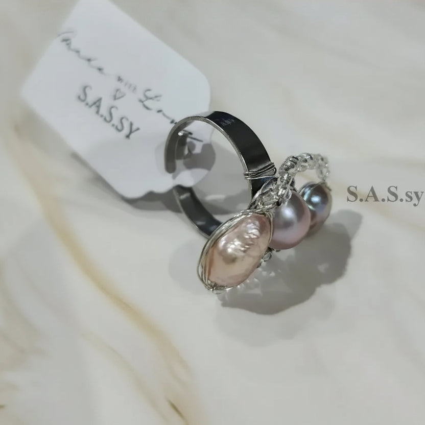 3 irregular shaped pearl with glass seed bead on a silver ring - Sassy by Sharmin Aziz