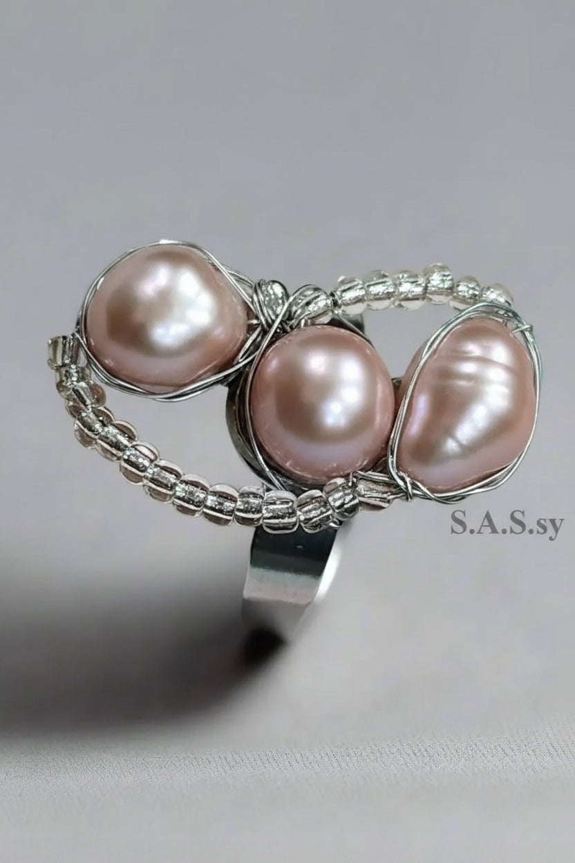 3 irregular shaped pearl with glass seed bead on a silver ring - Sassy by Sharmin Aziz