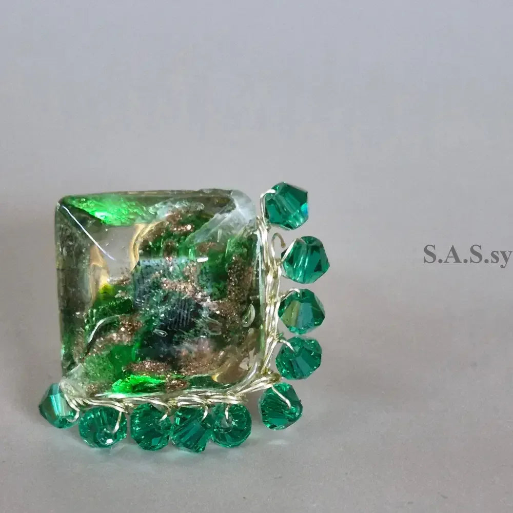 Green Square Wire-Wrapped Ring - Sassy by Sharmin Aziz