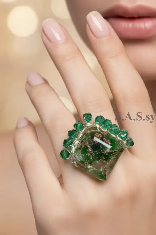 Green Square Wire-Wrapped Ring - Sassy by Sharmin Aziz