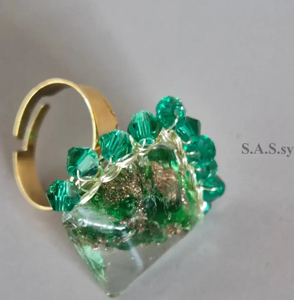 Green Square Wire-Wrapped Ring - Sassy by Sharmin Aziz