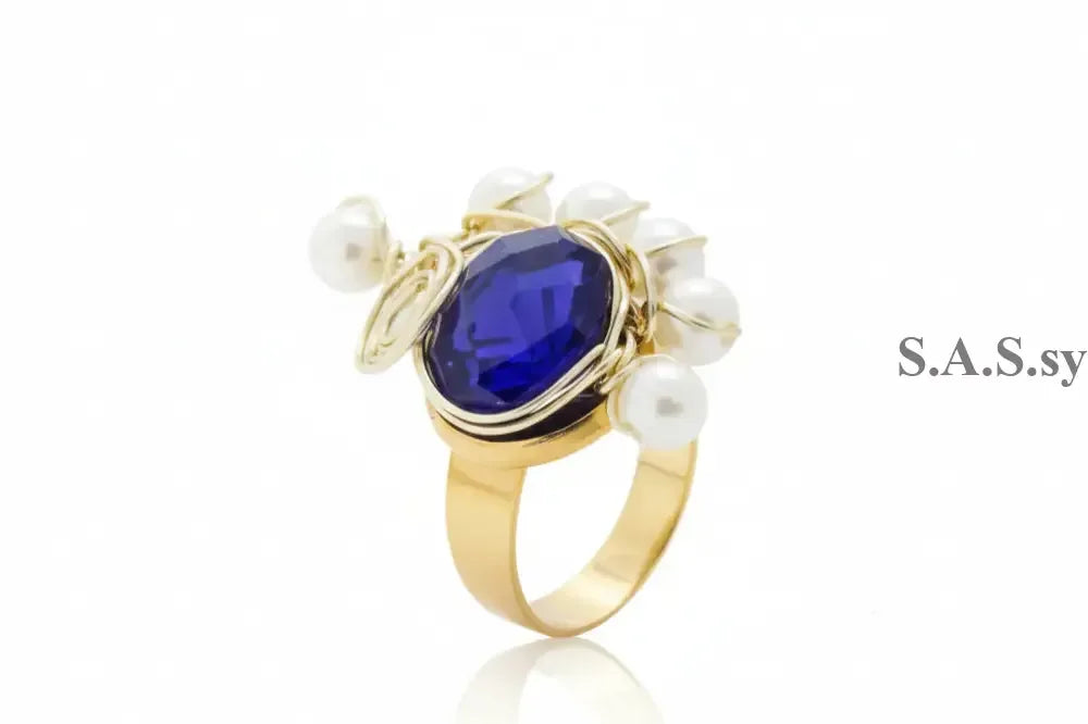 Sapphire Blue and pearl Wire-Wrapped Ring - Sassy by Sharmin Aziz