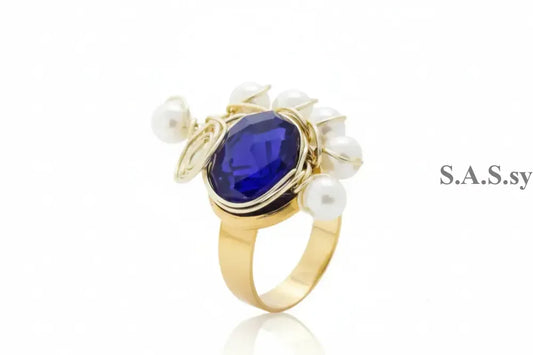 Sapphire Blue and pearl Wire-Wrapped Ring - Sassy by Sharmin Aziz