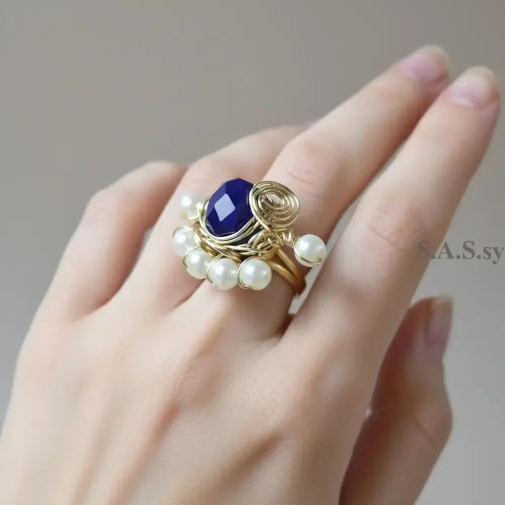 Sapphire Blue and pearl Wire-Wrapped Ring - Sassy by Sharmin Aziz