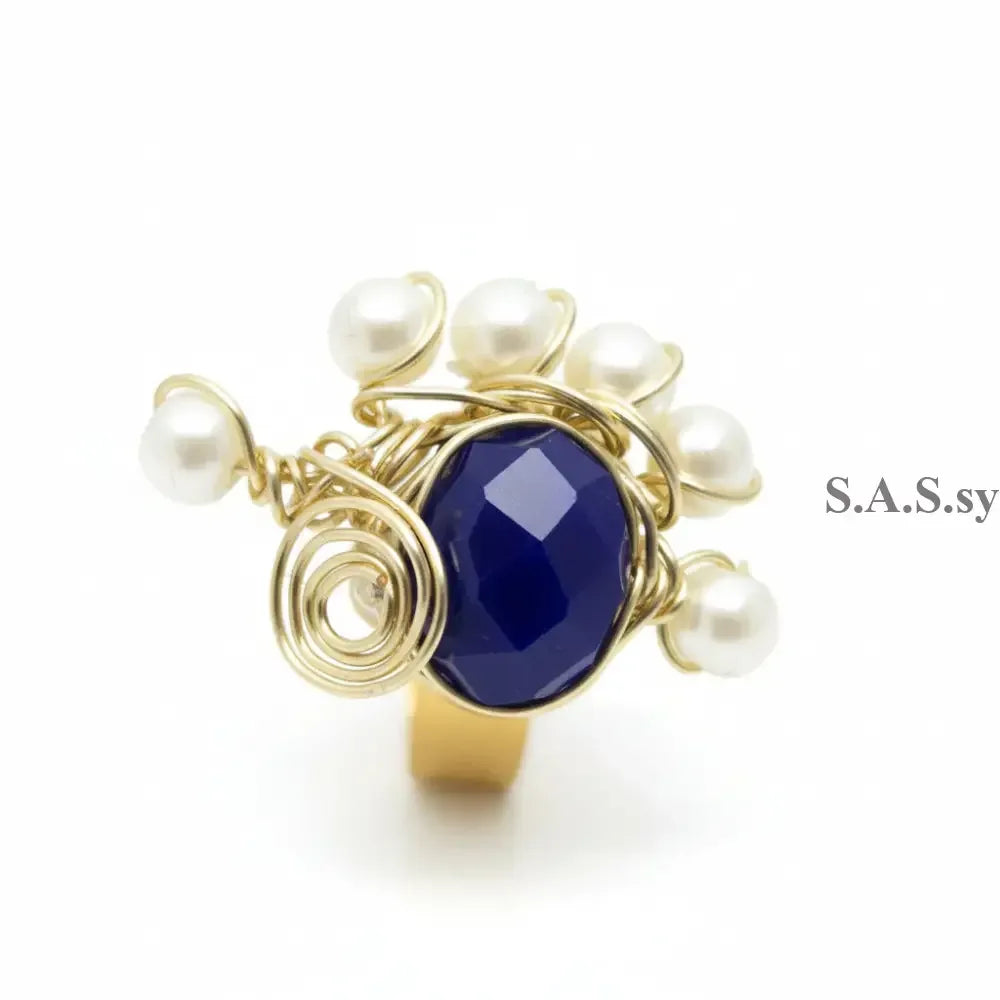 Sapphire Blue and pearl Wire-Wrapped Ring - Sassy by Sharmin Aziz