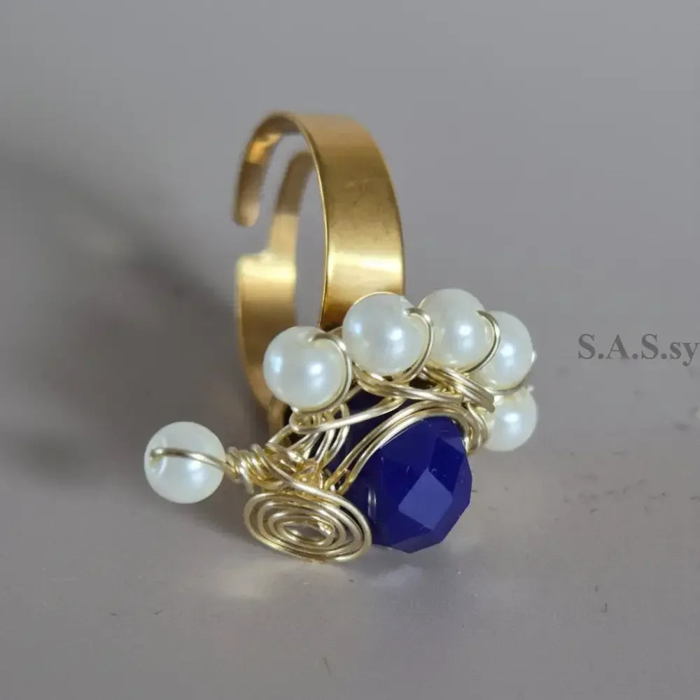 Sapphire Blue and pearl Wire-Wrapped Ring - Sassy by Sharmin Aziz