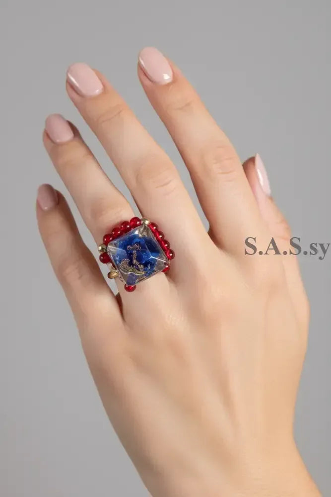 Blue Square Wire-Wrapped Ring on a hand- Sassy by Sharmin Aziz
