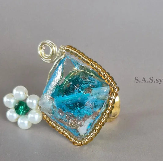 Aqua square bead with mini pearl flower wire-wrapped ring 