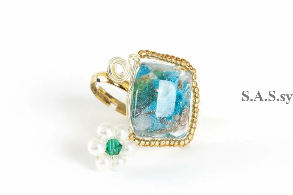 Aqua square bead with mini pearl flower wire-wrapped ring 