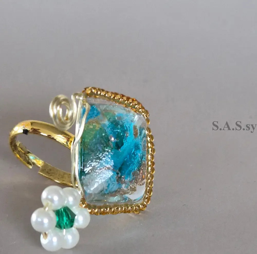 Aqua square bead with mini pearl flower wire-wrapped ring 