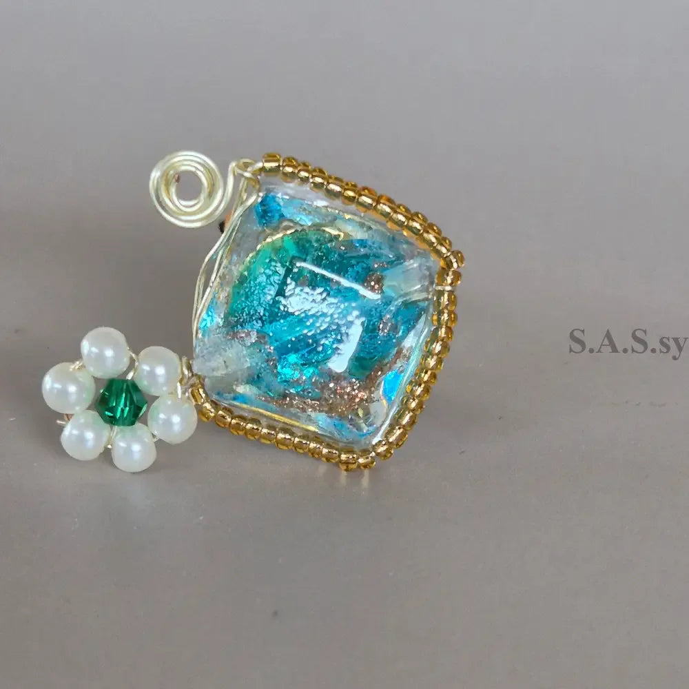 Aqua square bead with mini pearl flower wire-wrapped ring 