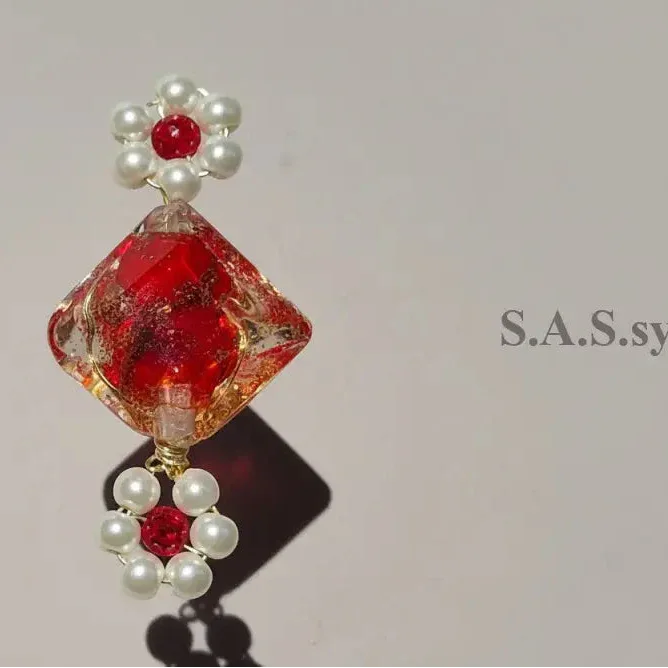 Red square glass bead with pearl flower charm handmade ring - Sassy by Sharmin Aziz