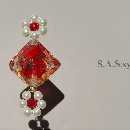 Red square glass bead with pearl flower charm handmade ring - Sassy by Sharmin Aziz