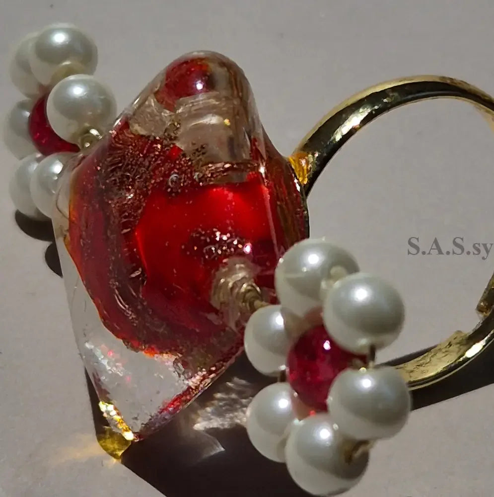 Red square glass bead with pearl flower charm handmade ring - Sassy by Sharmin Aziz