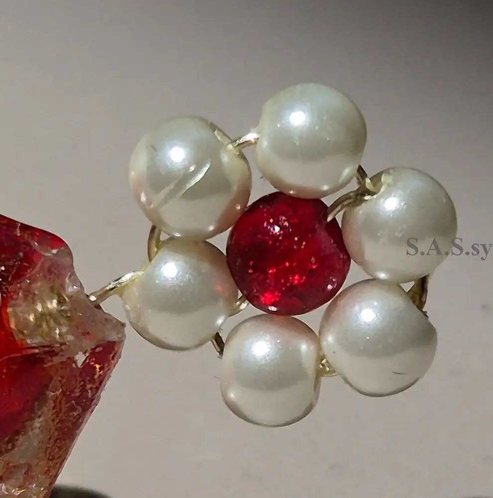 Red square glass bead with pearl flower charm handmade ring - Sassy by Sharmin Aziz