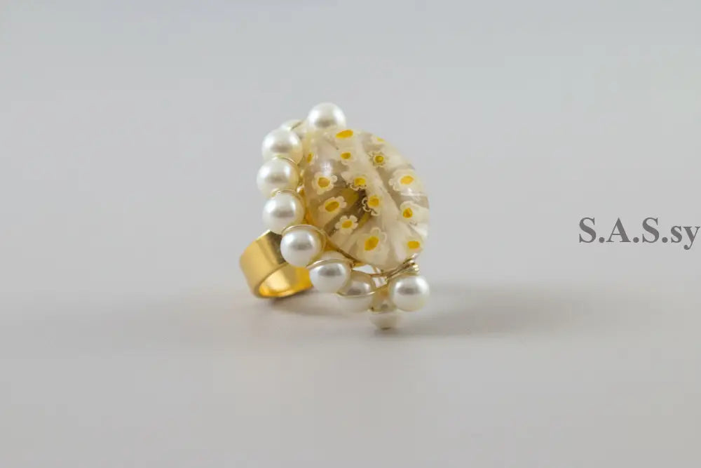 Yellow millefiori bead surrounded by glass pearl bead Cocktail Ring - Sassy by Sharmin Aziz