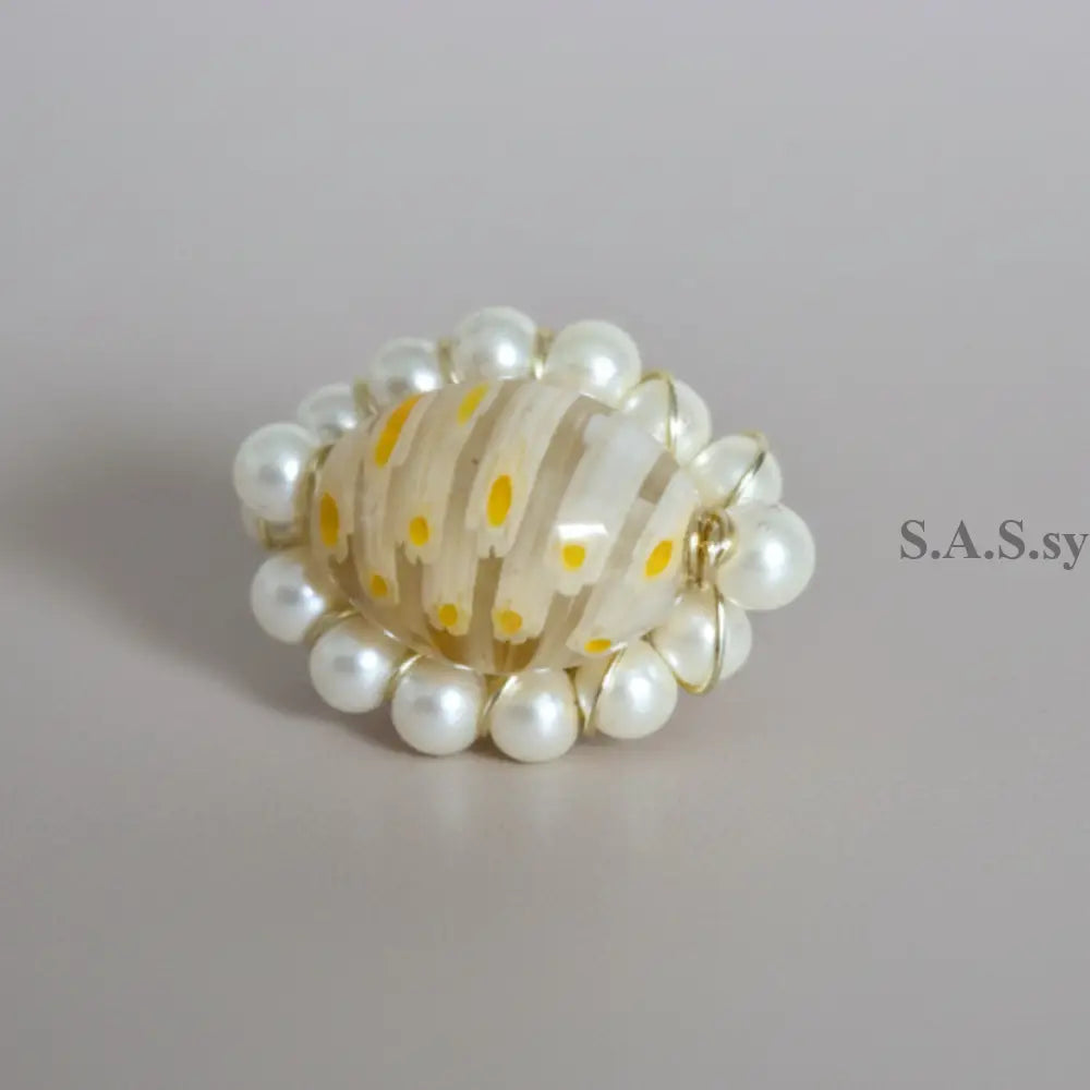 Yellow millefiori bead surrounded by glass pearl bead Cocktail Ring - Sassy by Sharmin Aziz