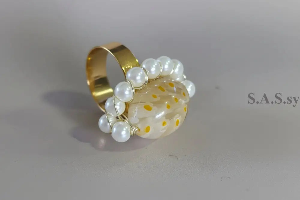 Yellow millefiori bead surrounded by glass pearl bead Cocktail Ring - Sassy by Sharmin Aziz