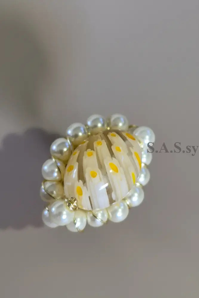 Yellow millefiori bead surrounded by glass pearl bead Cocktail Ring - Sassy by Sharmin Aziz