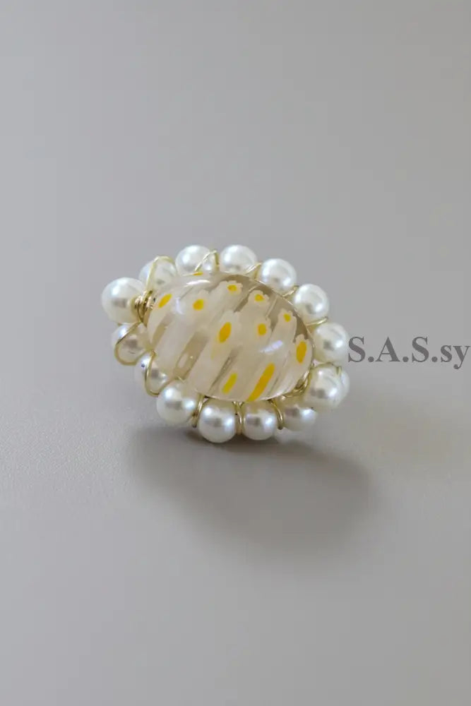 Yellow millefiori bead surrounded by glass pearl bead Cocktail Ring - Sassy by Sharmin Aziz